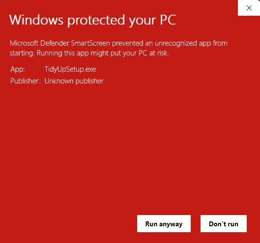 หน้าจอเดียวกันหลังกด More info แสดงชื่อไฟล์ TidyUpSetup.exe และปุ่ม Run anyway
